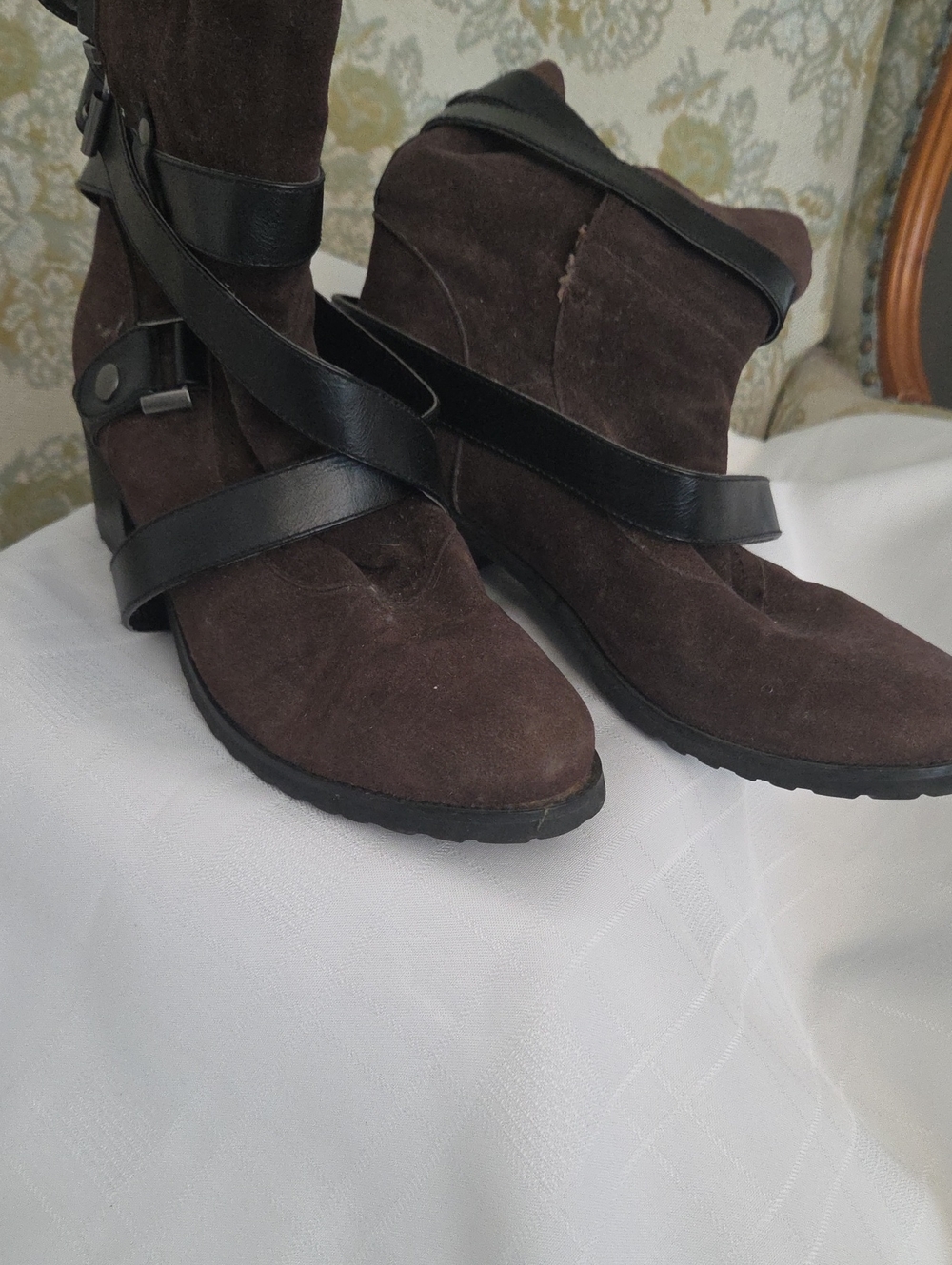 Muk Luks Dark Brown Suede Ankle Boots with Black Strap Accent